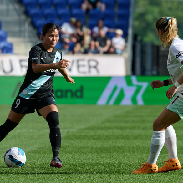 Nahomi Kawasumi takes on Emily Fox in May meeting with Racing Louisville at Red Bull Arena. Kawasumi made the game-winning assist in Gotham's July clash with Louisville.