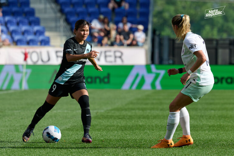 Nahomi Kawasumi takes on Emily Fox in May meeting with Racing Louisville at Red Bull Arena. Kawasumi made the game-winning assist in Gotham's July clash with Louisville.