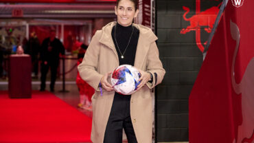 Yael Averbuch West, Gotham FC general manager, delivers the game ball at NY Red Bulls Women's Empowerment Night.