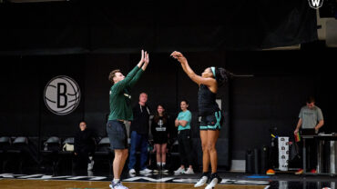 Betnijah Laney shoots over practice player at NY Liberty practice