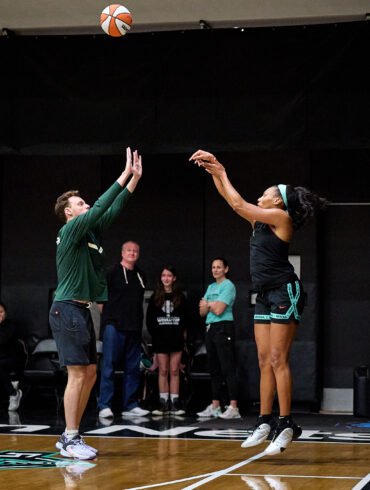 Betnijah Laney shoots over practice player at NY Liberty practice
