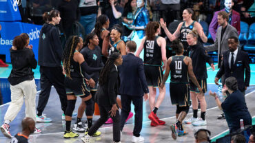 The New York Liberty celebrate a successful victory