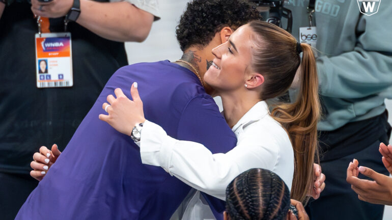 Phoenix Mercury center Brittney Griner hugs Liberty guard Sabrina Ionescu