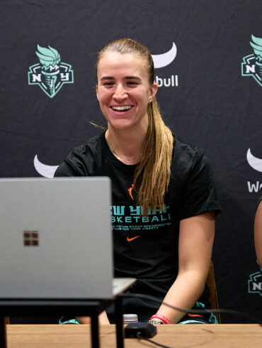 NY Liberty center Jonquel Jones and guards Courtney Vandersloot and Sabrina Ionescu during training camp