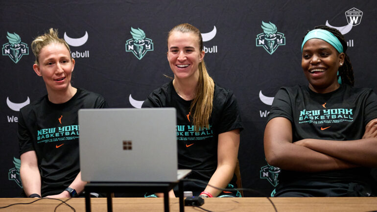 NY Liberty center Jonquel Jones and guards Courtney Vandersloot and Sabrina Ionescu during training camp