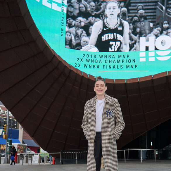 NY Liberty forward, Breanna Stewart, poses outside of Barclays Center.