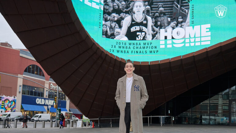 NY Liberty forward, Breanna Stewart, poses outside of Barclays Center.