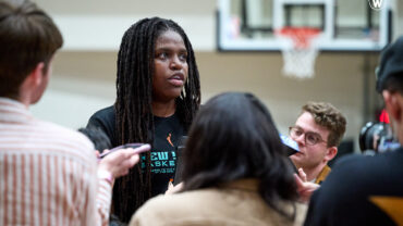 NY Liberty center, Jonquel Jones, talks with media at practice