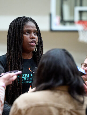 NY Liberty center, Jonquel Jones, talks with media at practice