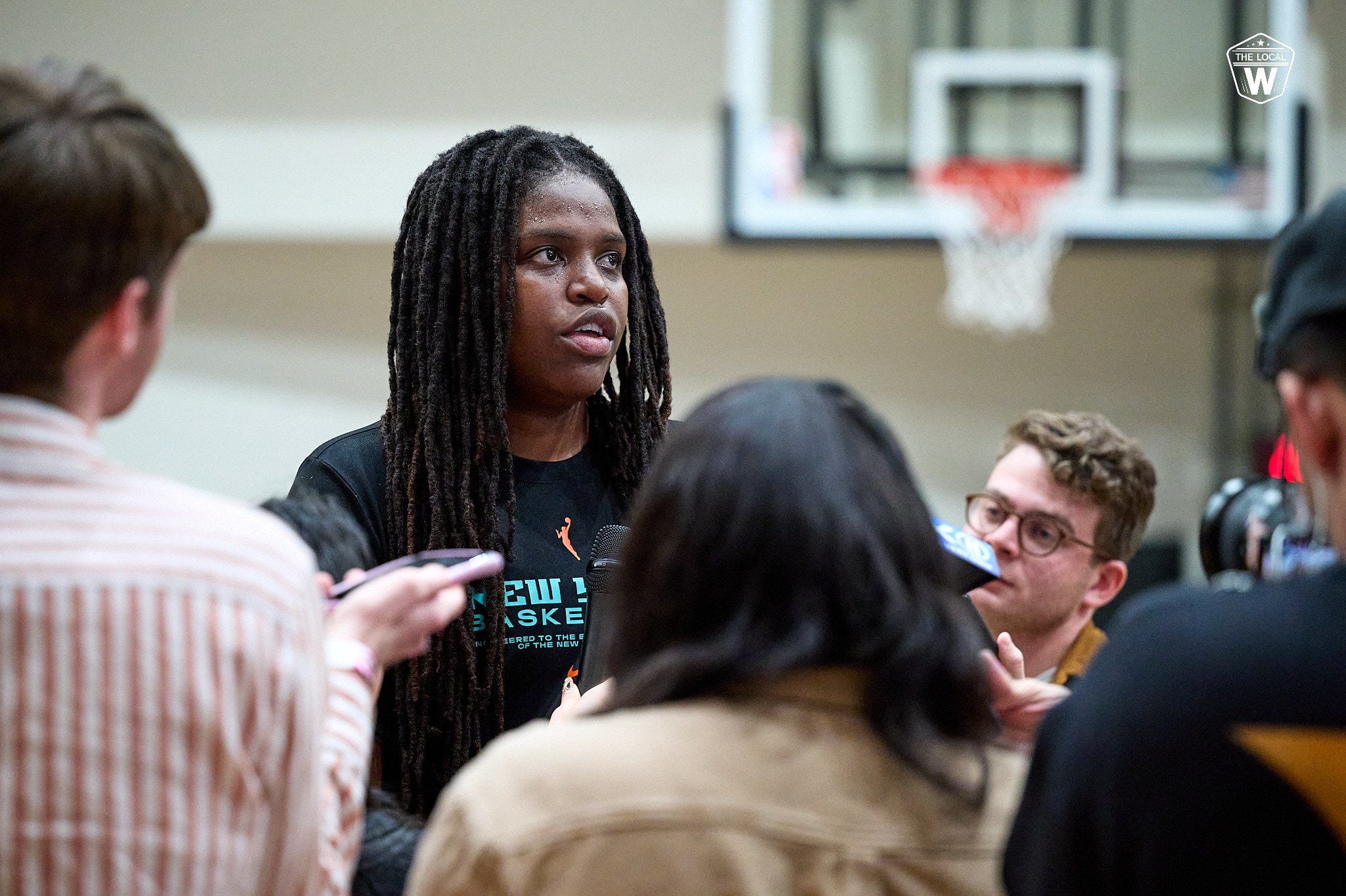 NY Liberty center, Jonquel Jones, talks with media at practice