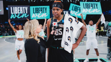 October 15, 2023; The New York Liberty defeat the Las Vegas Aces 87-73 in Game 3 of the 2023 WNBA Finals at Barclays Center Arena. (Brandon Todd/New York Liberty)