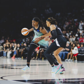 Jonquel Jones of the Liberty and A'ja Wilson of the Aces