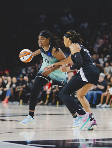 Jonquel Jones of the Liberty and A'ja Wilson of the Aces