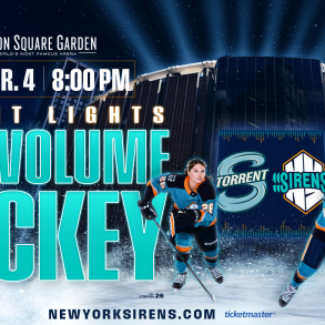 PWHL New York Sirens promotional graphic for the Madison Square Garden debut on April 4. Features forwards Casey O'Brien (#26) and Kristýna Kaltounková (#98) in the teal and navy Sirens home jerseys with "Full Volume Hockey" text.